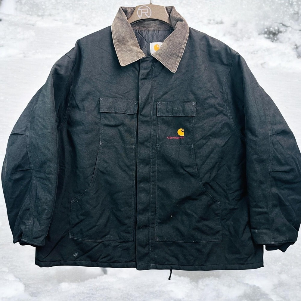 Vtg Carhartt Arctic Quilted Canvas Coat Mens 4XL Black Brn Corduroy Collar C14